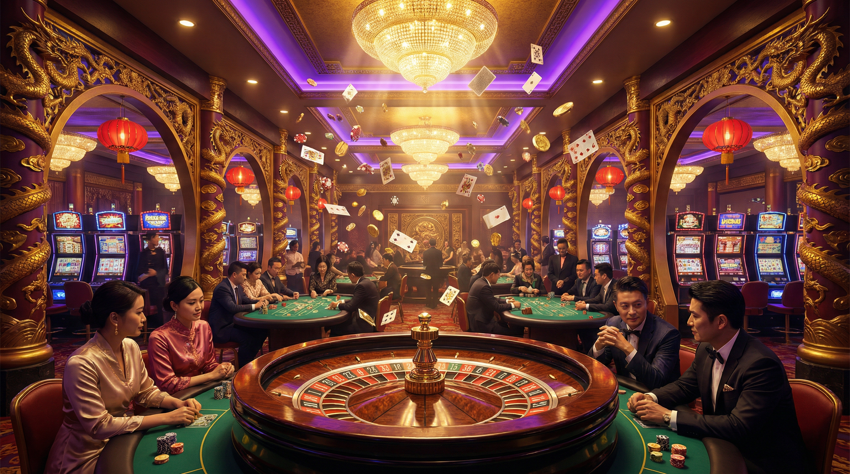 伟德国际豪华博彩大厅展示,包含轮盘、扑克桌和老虎机